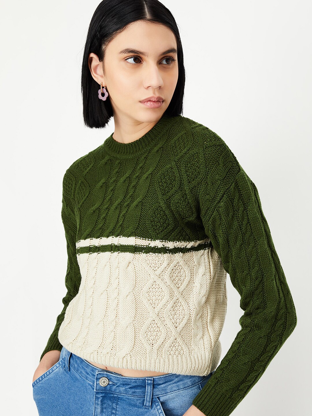 

max Colourblocked Round Neck Pullover, Green