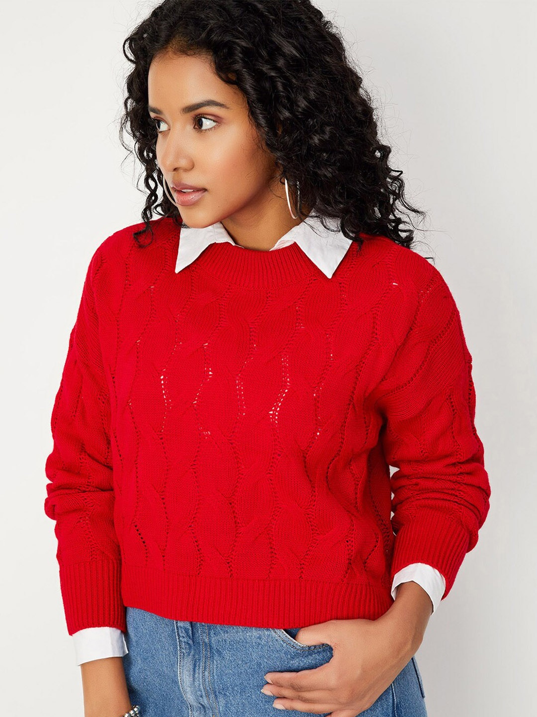 

max Cable Knit Self Design Round Neck Pullover, Red