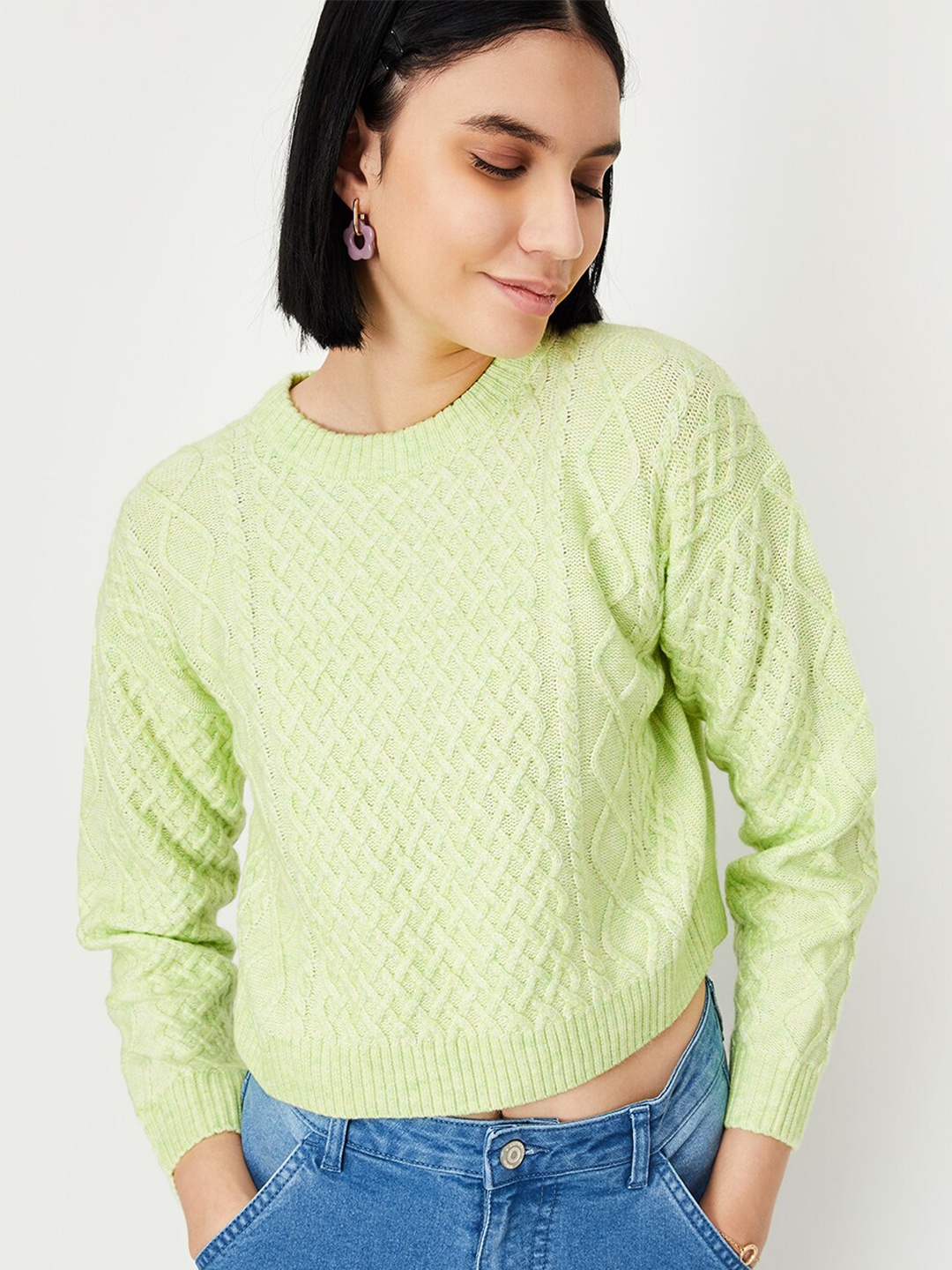 

max Cable Knit Self Design Round Neck Pullover, Lime green