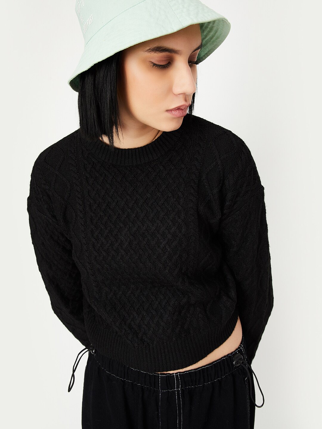 

max Cable Knit Self Design Round Neck Pullover, Black