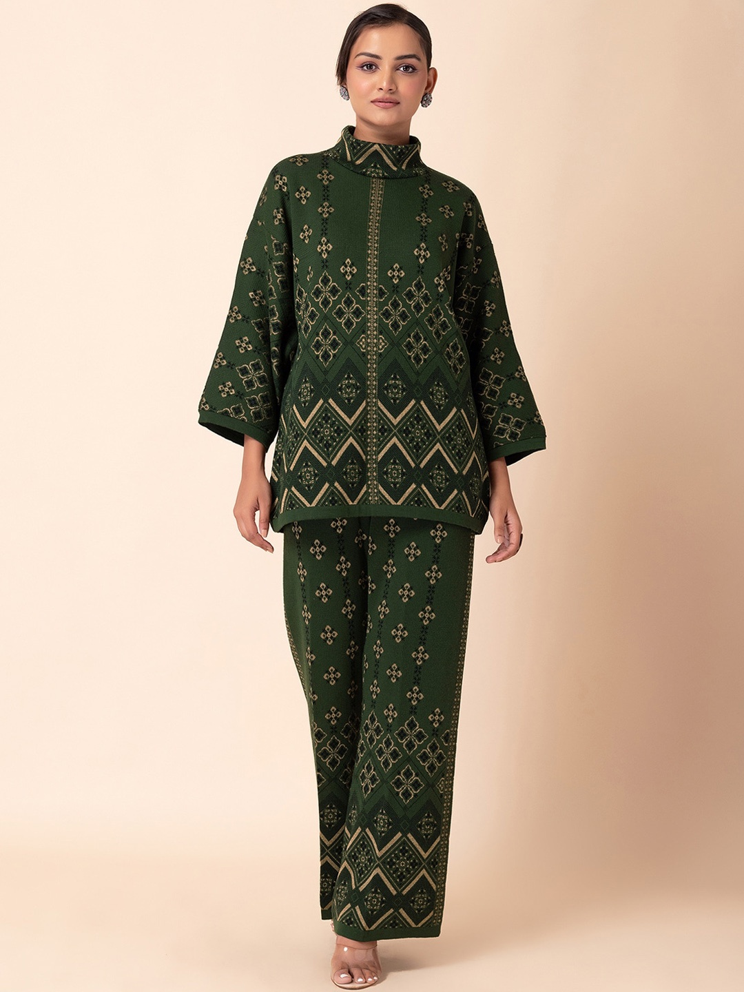 

INDYA Geometric Printed Knitted High Neck A-Line Kurta With Palazzo, Green