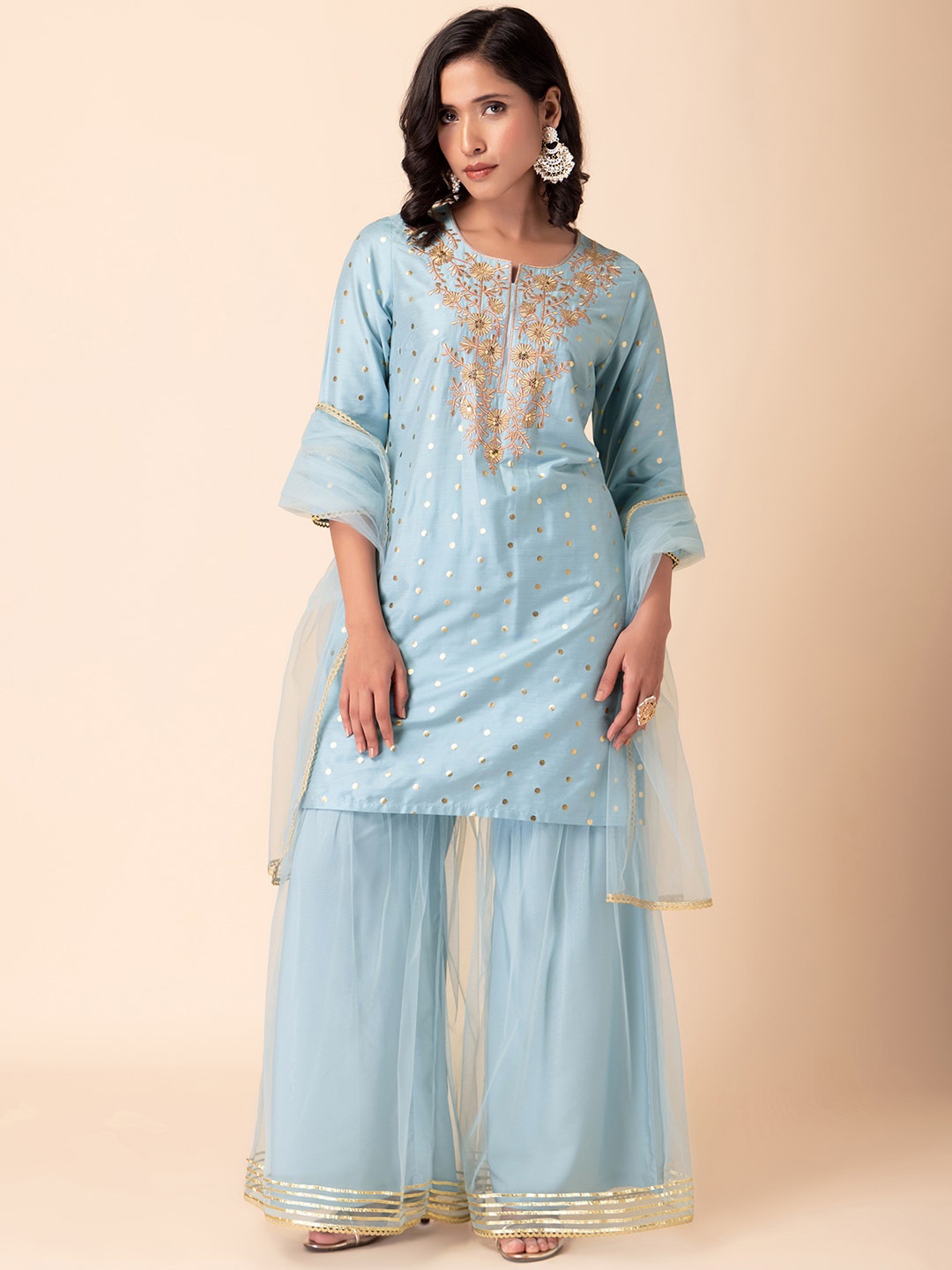 

INDYA Embroidered Regular Kurti With Sharara & Dupatta, Blue