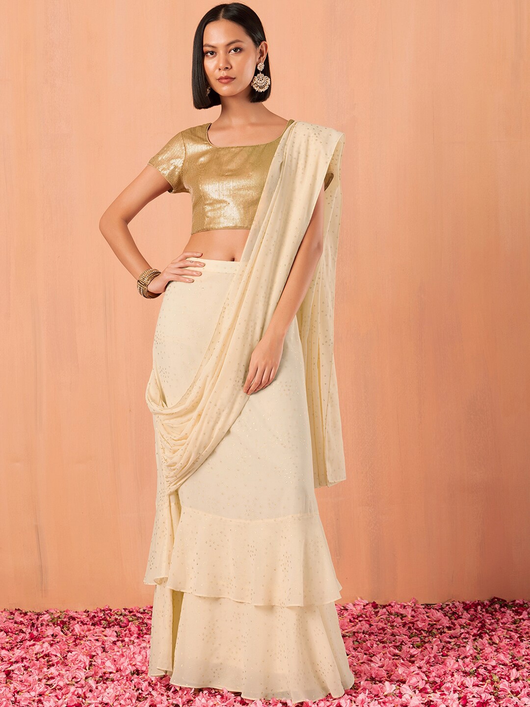

INDYA Foil Printed Ready To Wear Sarees, White