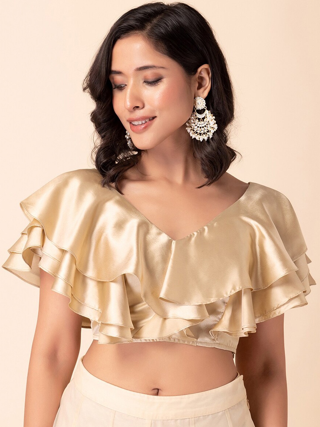 

INDYA V-Neck Ruffled Regular Crop Tops, White