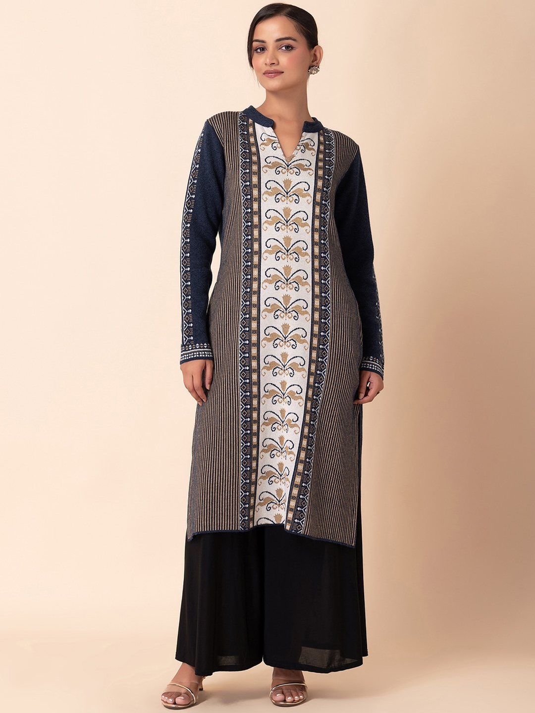 

INDYA Ethnic Motifs Printed Mandarin Collar Long Sleeves Straight Kurta, Grey