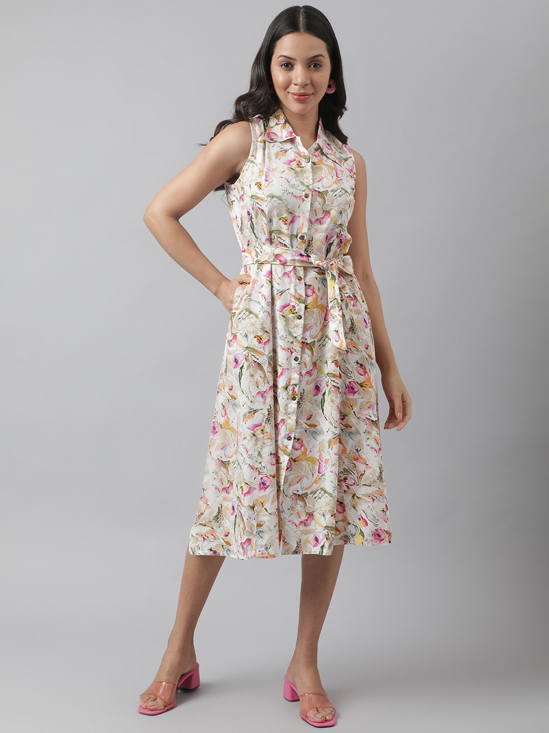 

KALINI Floral Printed Sleeveless Belted Shirt Midi Dress, Cream