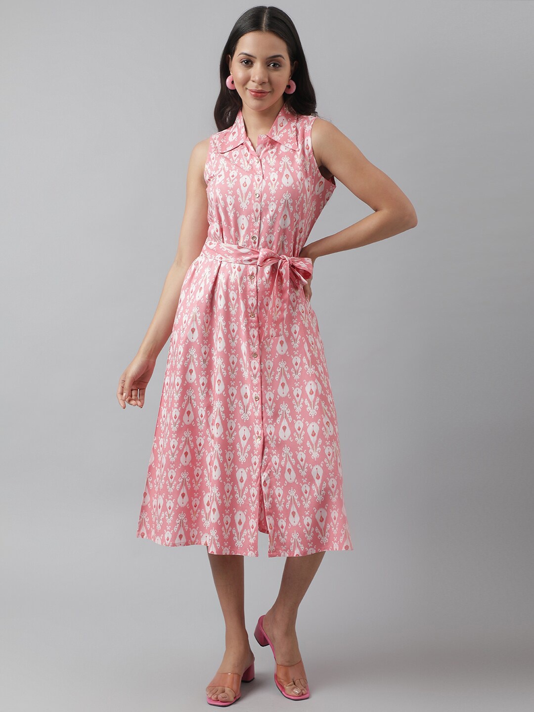 

KALINI Ethnic Motifs Printed Sleeveless Belted Shirt Midi Dress, Pink