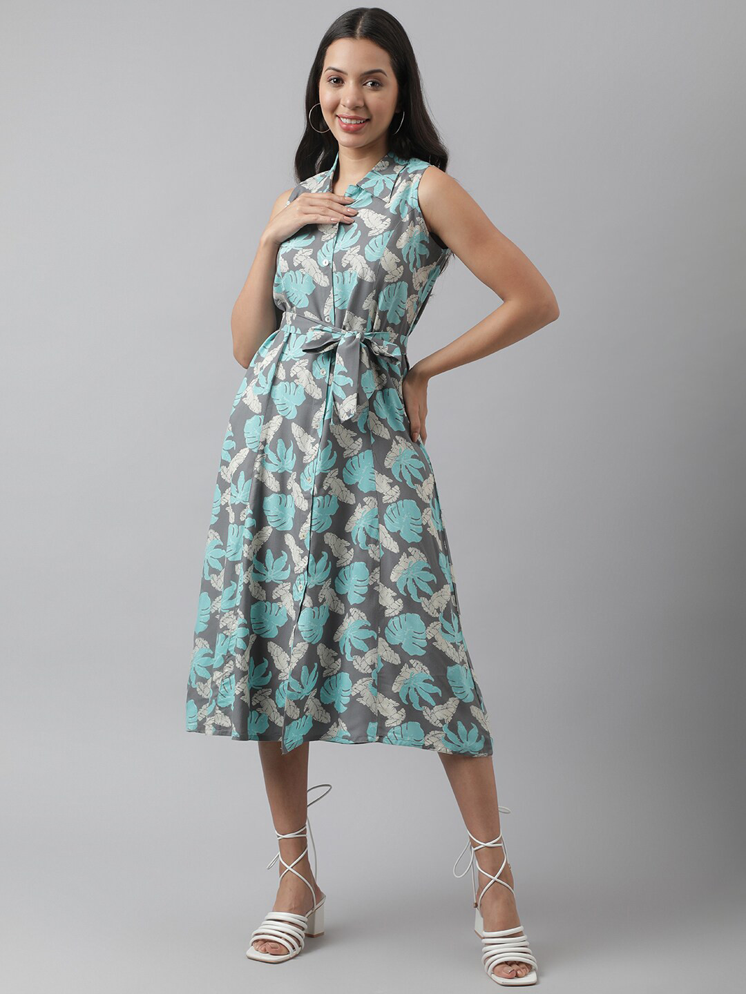 

KALINI Floral Printed Shirt Collar Cotton Midi Shirt Dress With Belt, Grey