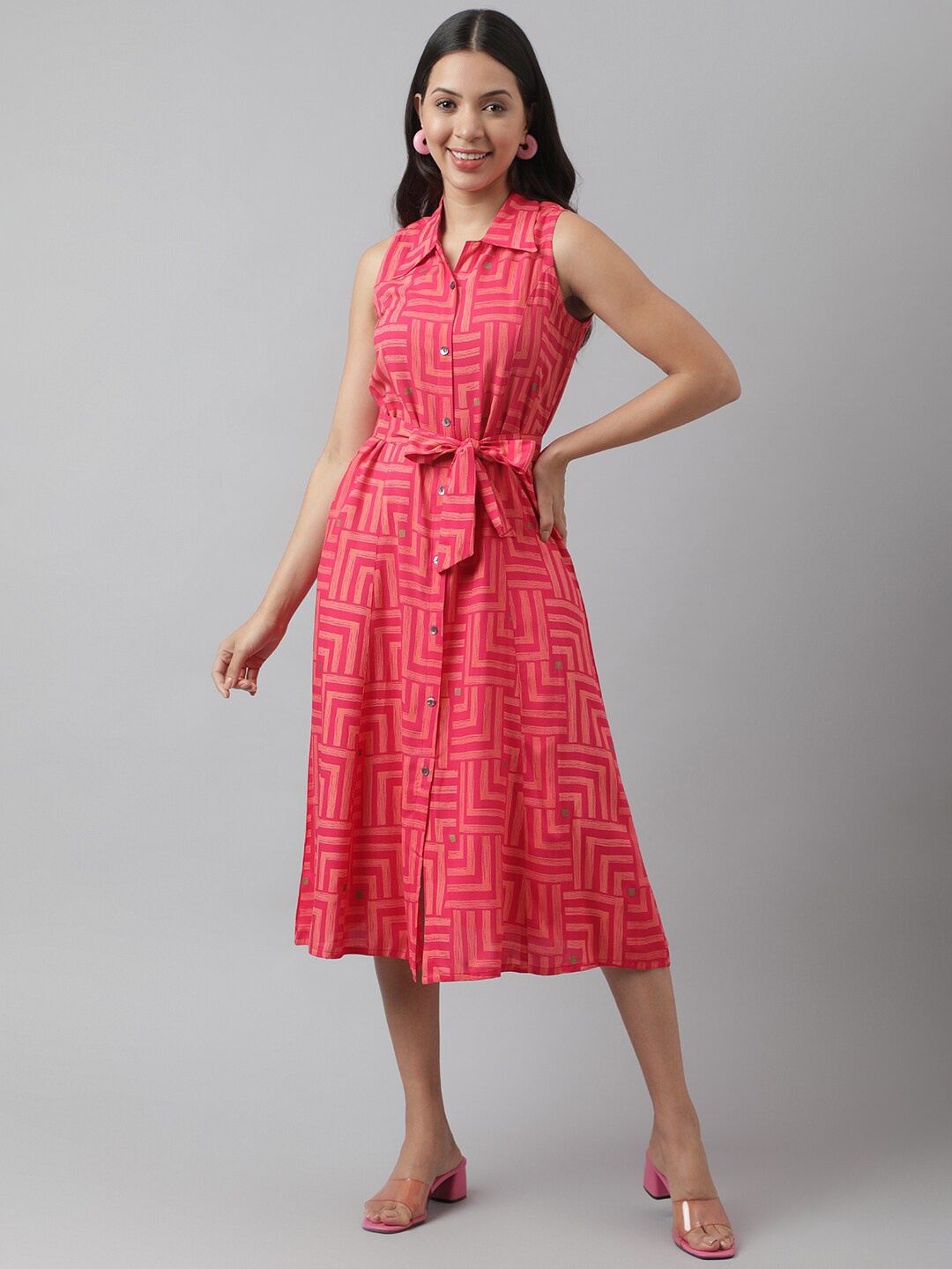 

KALINI Geometric Printed Sleeveless Belted Shirt Midi Dress, Pink