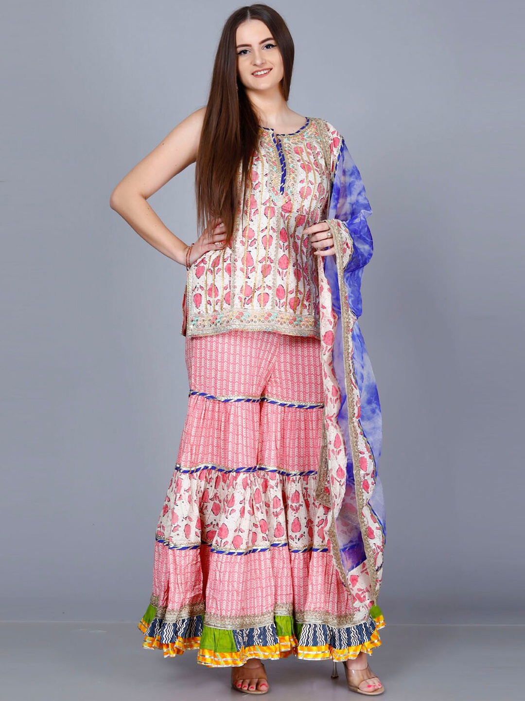 

HIGHLIGHT FASHION EXPORT Floral Printed Pure Cotton Straight Kurti with Sharara & Dupatta, Pink