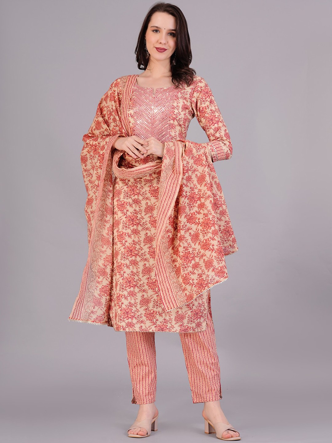 

HIGHLIGHT FASHION EXPORT Printed Mirror Work Pure Cotton Kurta with Trousers & Dupatta, Peach