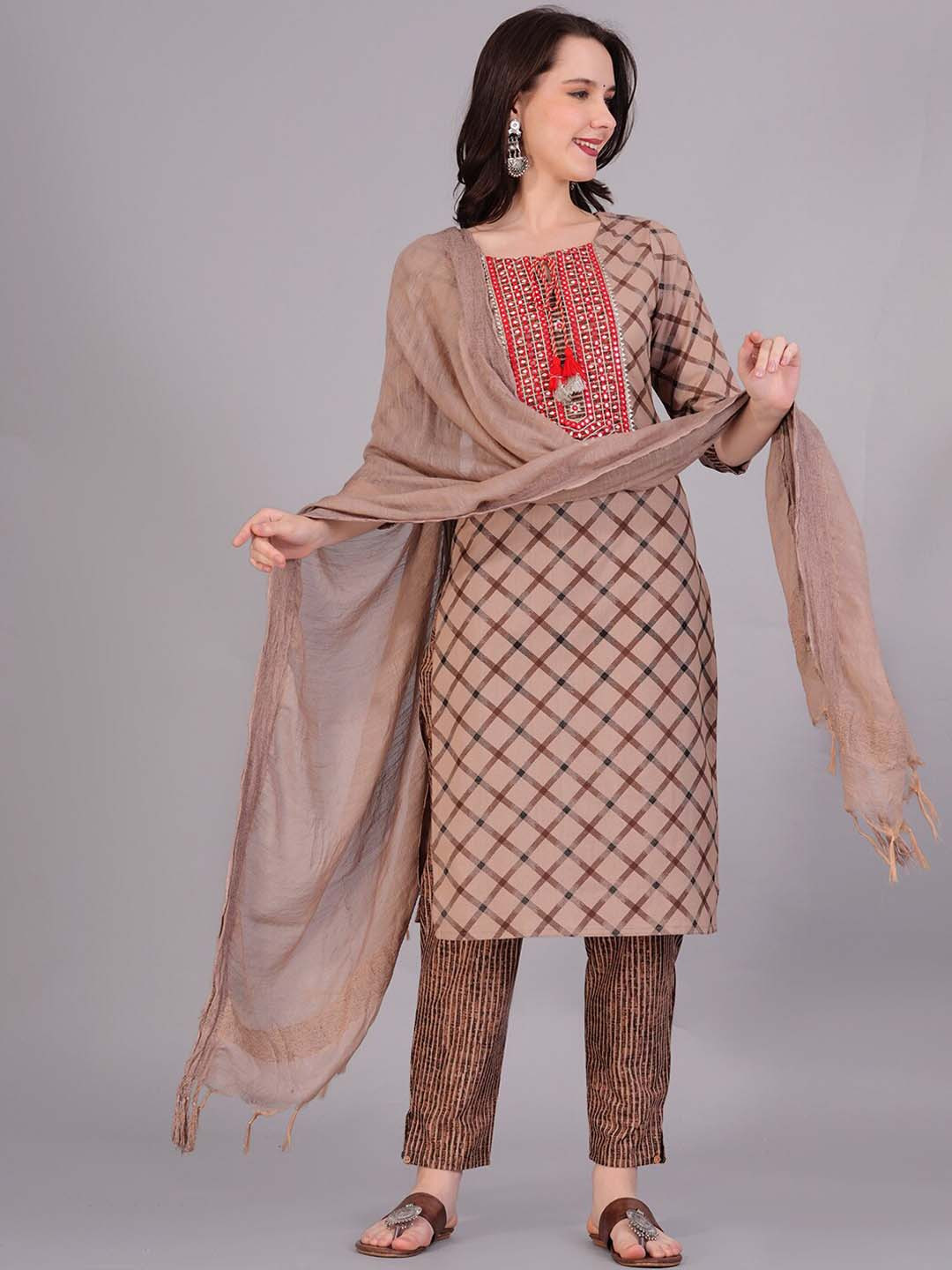 

HIGHLIGHT FASHION EXPORT Checked Mirror Work Pure Cotton Kurta With Trouser & Dupatta, Brown