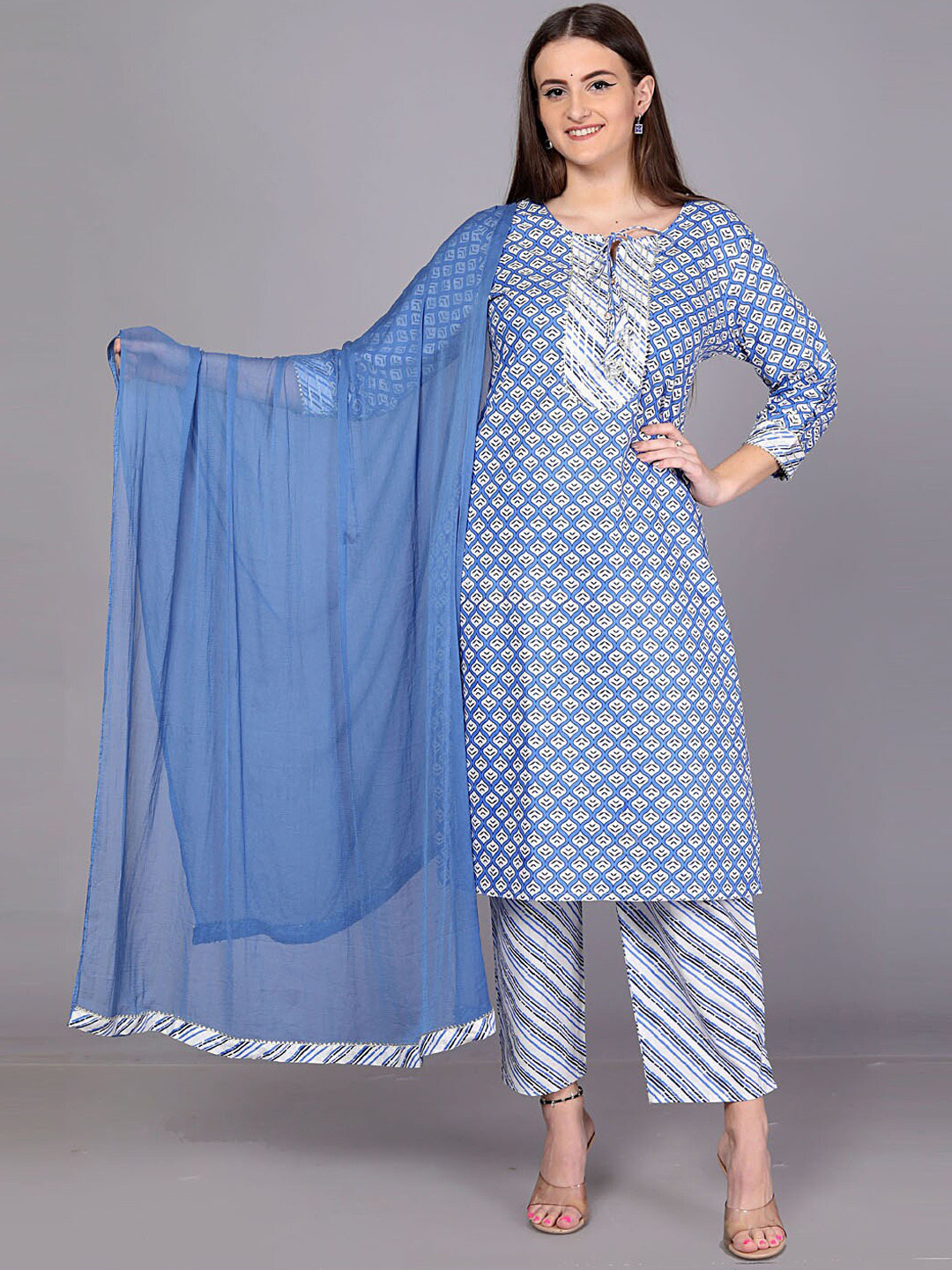 

HIGHLIGHT FASHION EXPORT Ethnic Printed Gotta Patti Cotton Kurta With Trousers & Dupatta, Blue