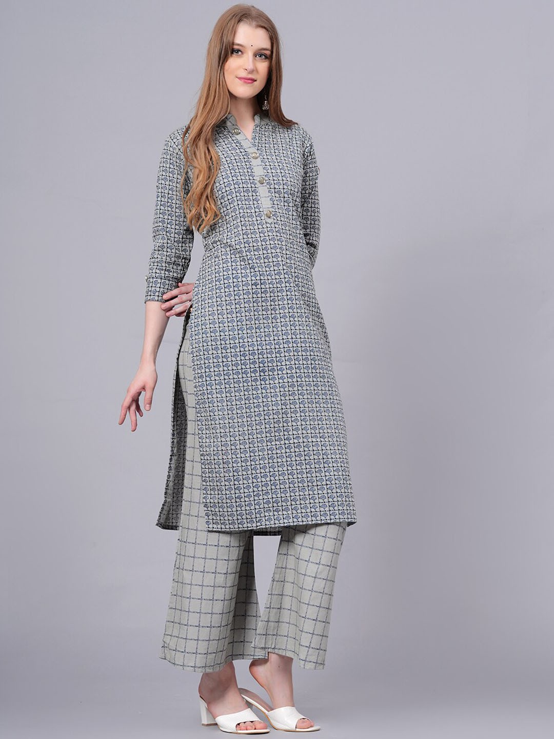

HIGHLIGHT FASHION EXPORT Ethnic Motifs Printed Pure Cotton Straight Kurta with Palazzos, Grey