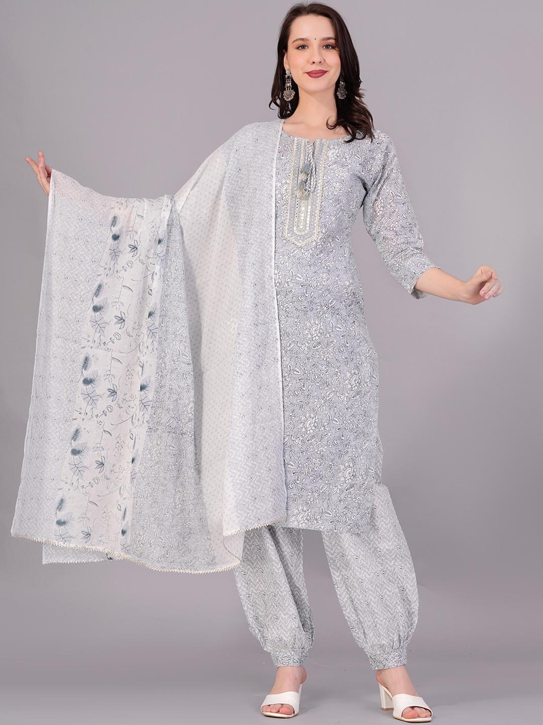 

HIGHLIGHT FASHION EXPORT Floral Printed Pure Cotton Straight Kurta with Trousers & Dupatta, Grey