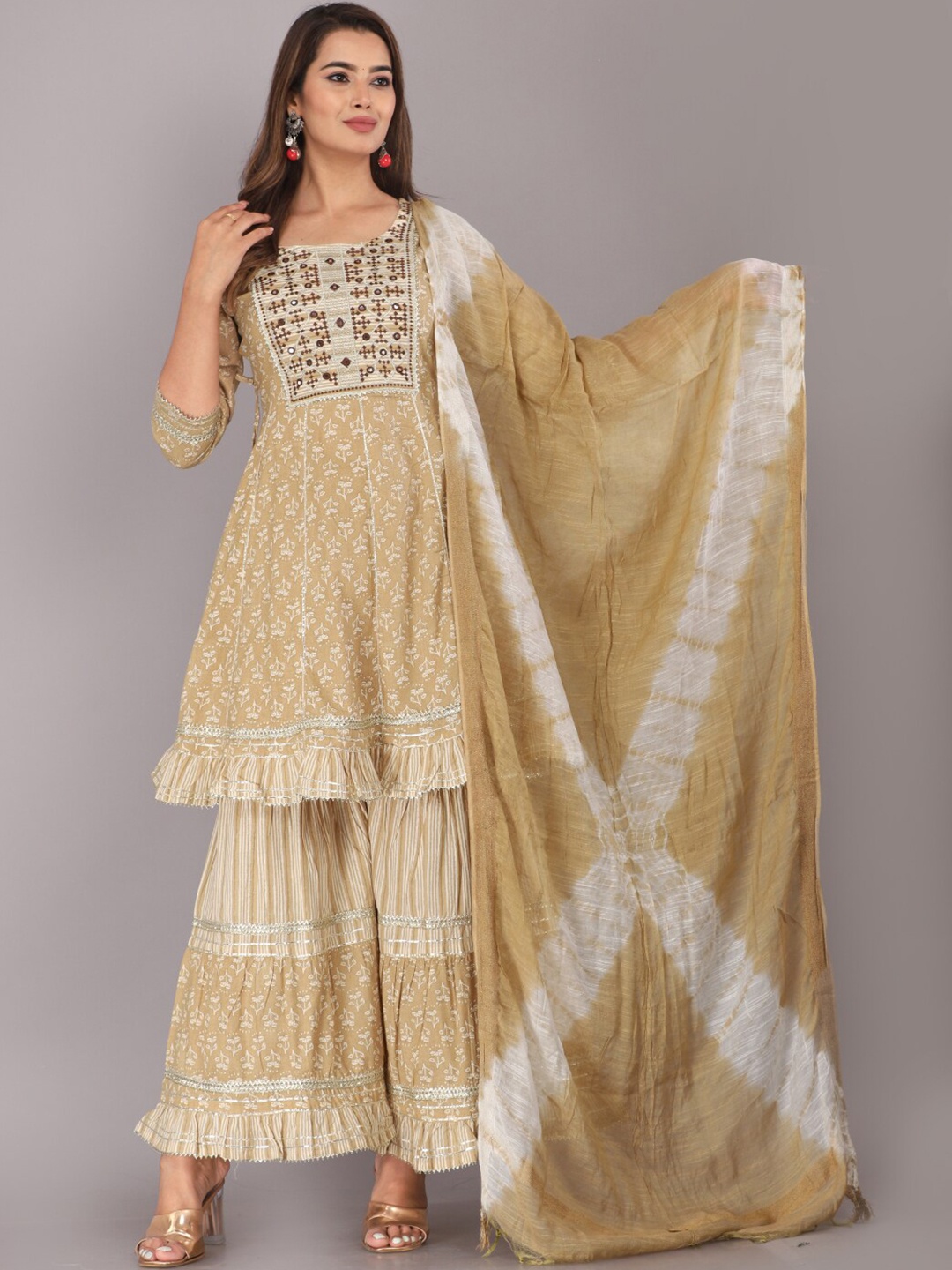 

HIGHLIGHT FASHION EXPORT Printed Mirror Work Pure Cotton Kurta with Sharara & Dupatta, Beige