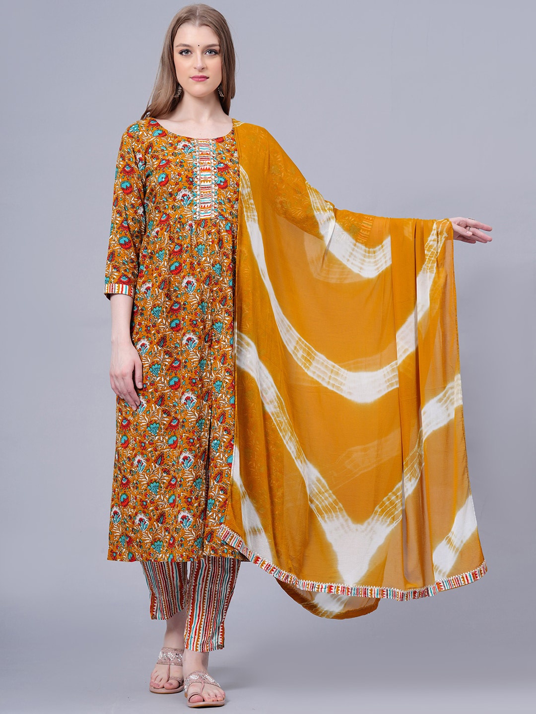 

HIGHLIGHT FASHION EXPORT Floral Printed Sequinned Kurta with Trousers & Dupatta, Mustard
