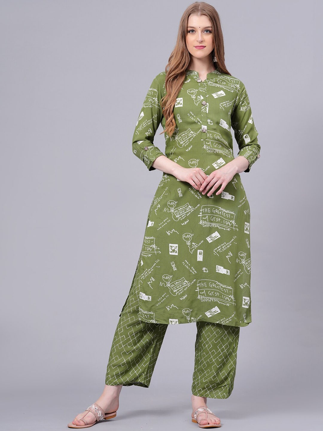 

HIGHLIGHT FASHION EXPORT Ethnic Motifs Printed Mandarin Collar Kurta With Palazzos, Green