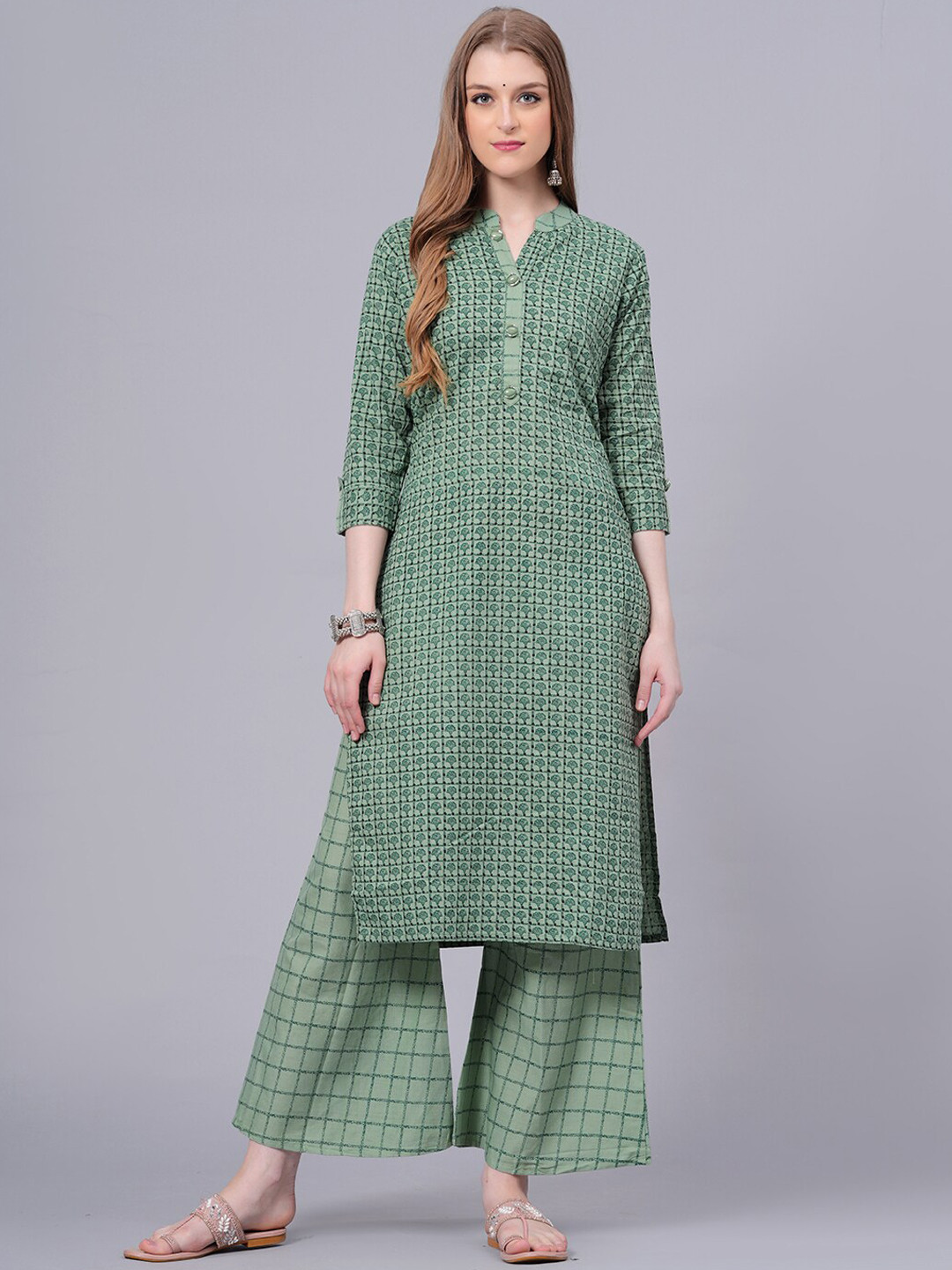 

HIGHLIGHT FASHION EXPORT Ethnic Motifs Printed Pure Cotton Kurta With Palazzos, Green