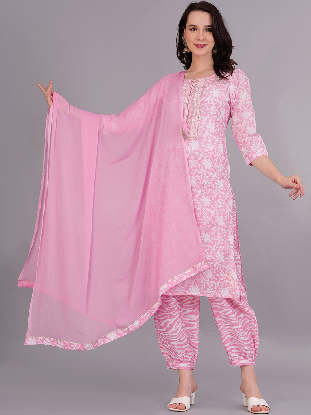 

HIGHLIGHT FASHION EXPORT Floral Printed Mirror Work Cotton Kurta With Trousers & Dupatta, Pink