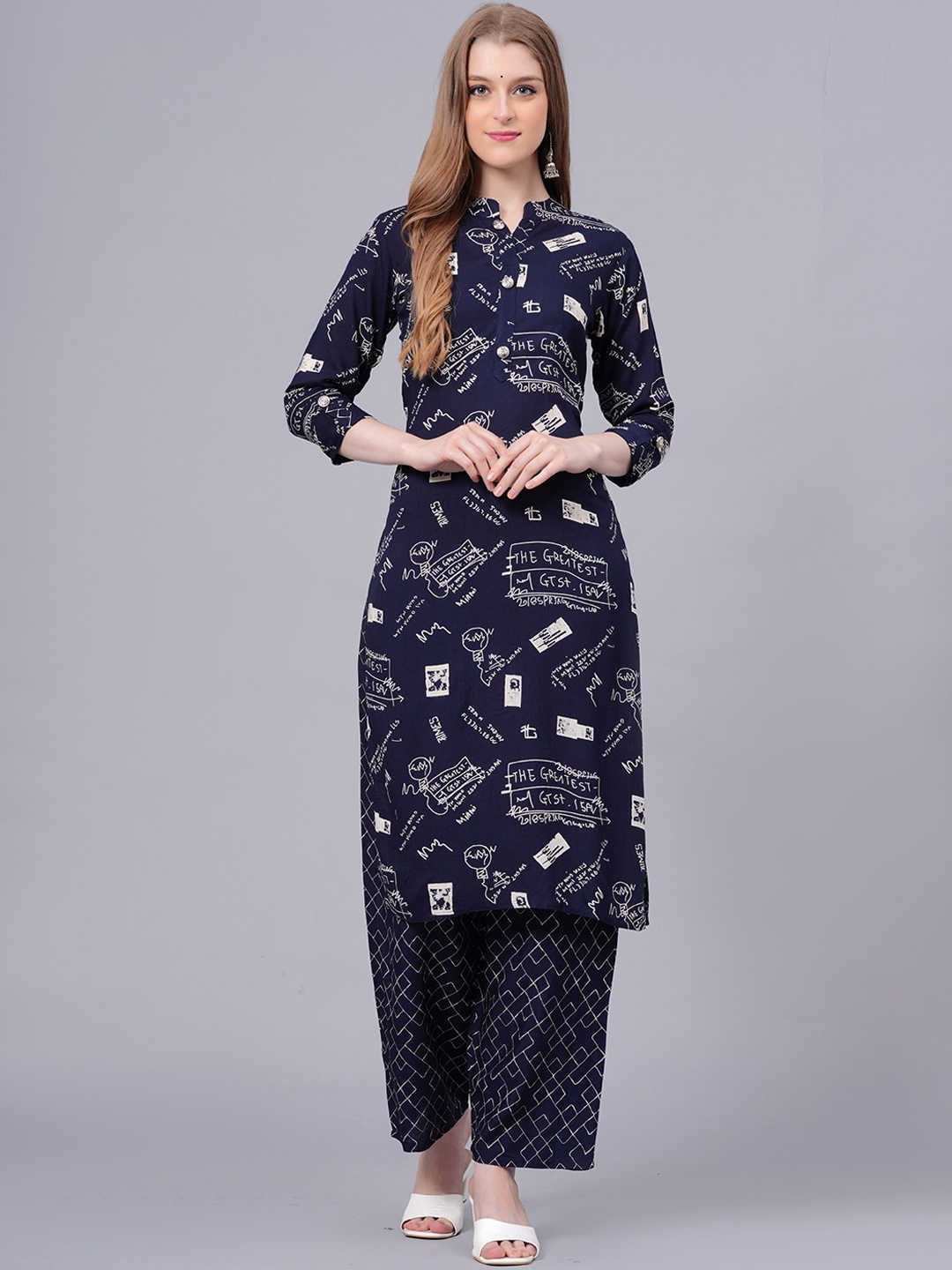 

HIGHLIGHT FASHION EXPORT Typography Printed Straight Kurta with Trousers, Navy blue