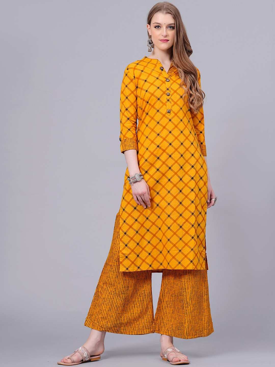 HIGHLIGHT FASHION EXPORT Checked Mandarin Collar Pure Cotton Straight Kurta With Palazzo, Yellow