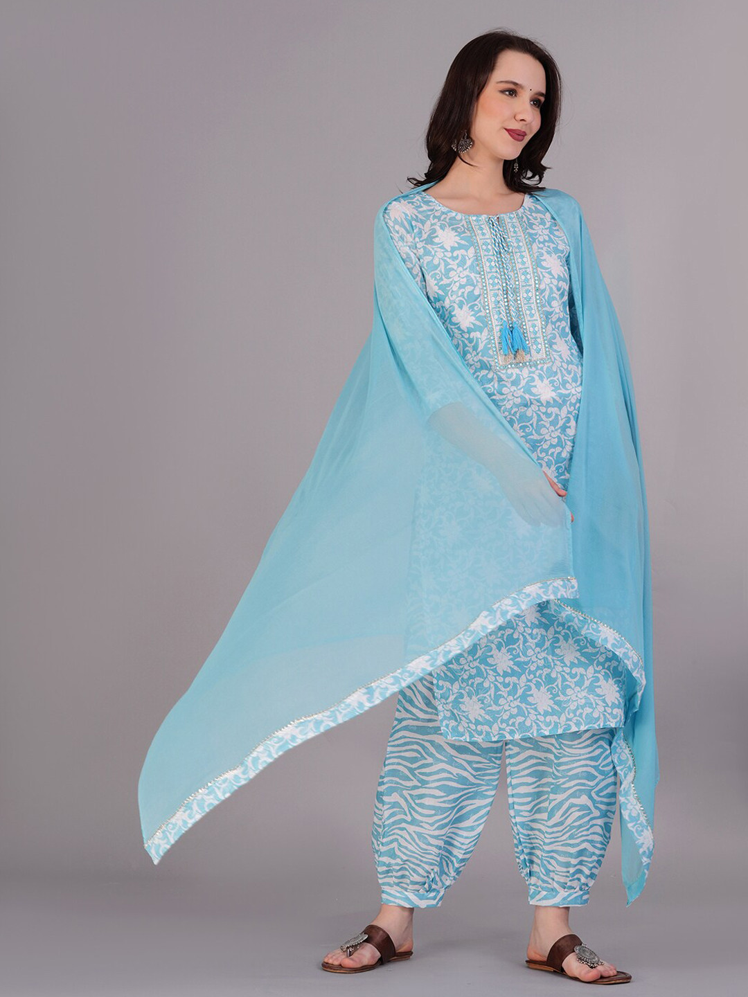 

HIGHLIGHT FASHION EXPORT Floral Printed Mirror Work Kurta With Salwar & Dupatta, Blue