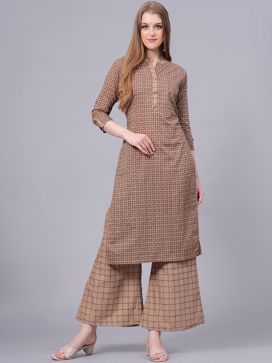 

HIGHLIGHT FASHION EXPORT Ethnic Motif Printed Pure Cotton Kurta With Palazzos, Brown