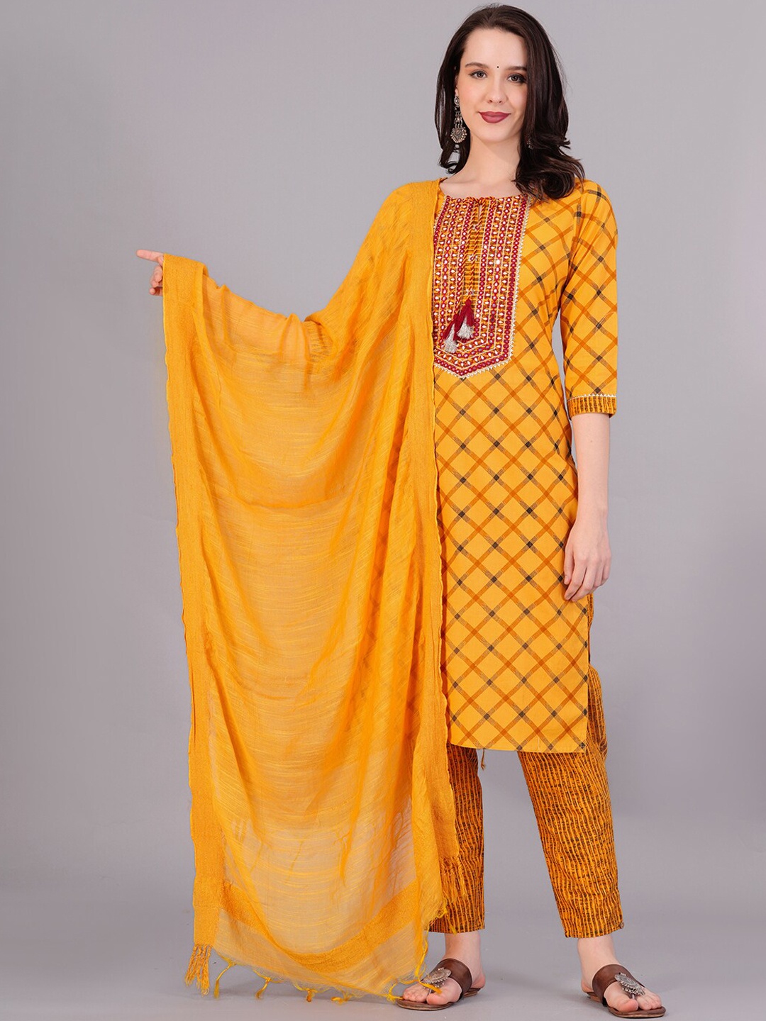 

HIGHLIGHT FASHION EXPORT Checked Mirror Work Pure Cotton Kurta With Trousers & Dupatta, Yellow