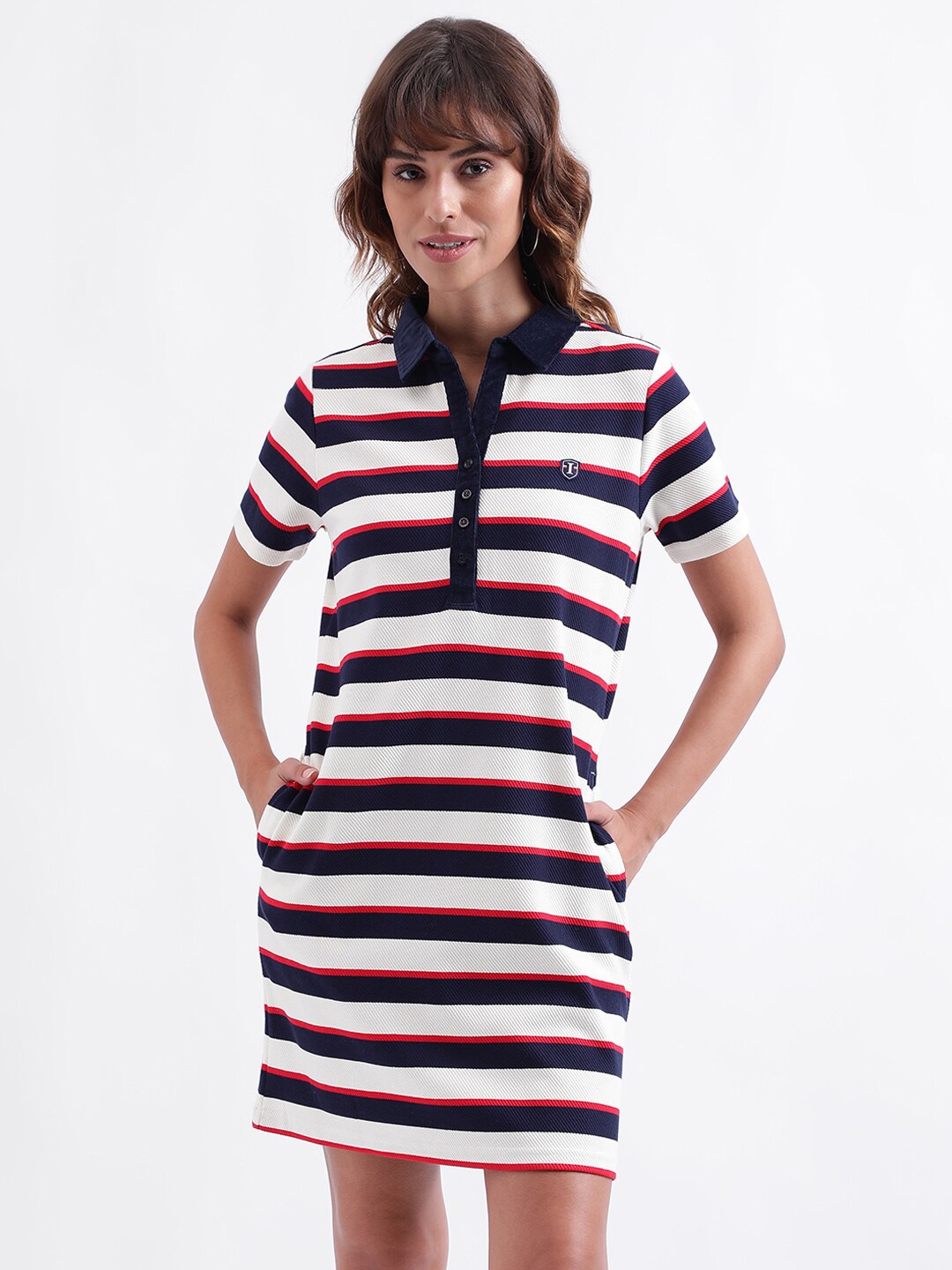 

Iconic Striped Shirt Collar T-shirt Mini Dress, White