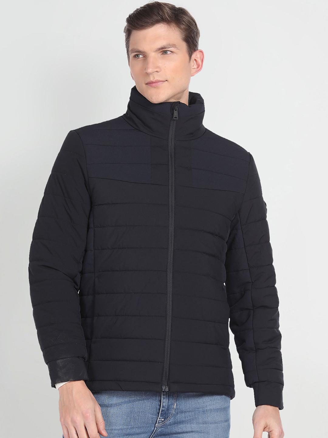 

Arrow Sport Mock Collar Long Sleeve Zip Detail Puffer Jacket, Navy blue