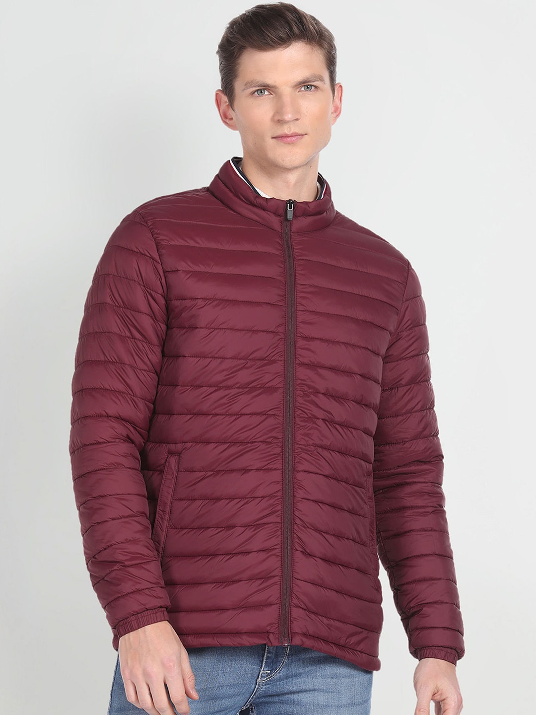 

Arrow Sport Mock Collar Long Sleeve Zip Detail Puffer Jacket, Maroon
