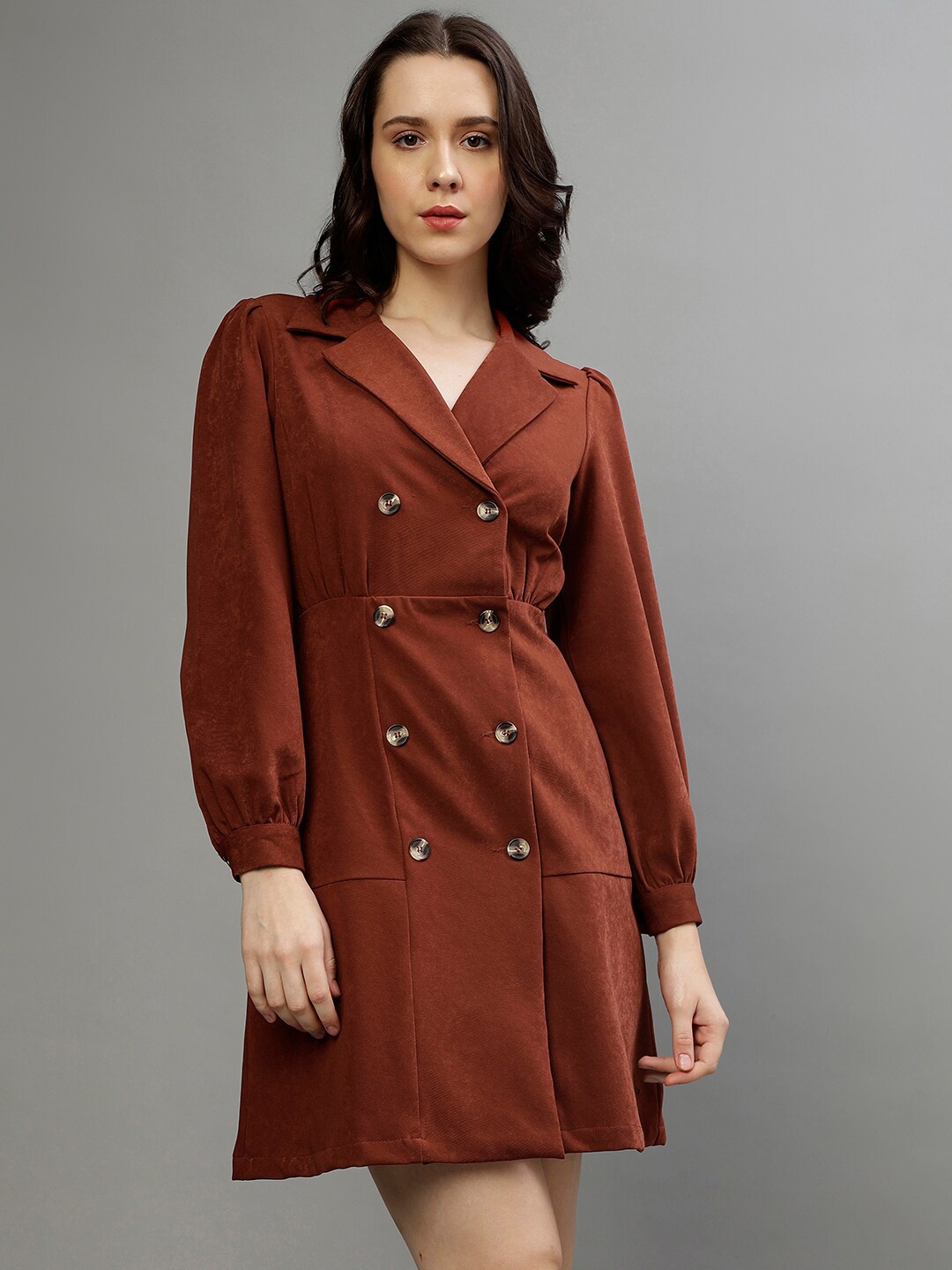 

ELLE Lapel Collar Cuffed Sleeves A-Line Dress, Rust