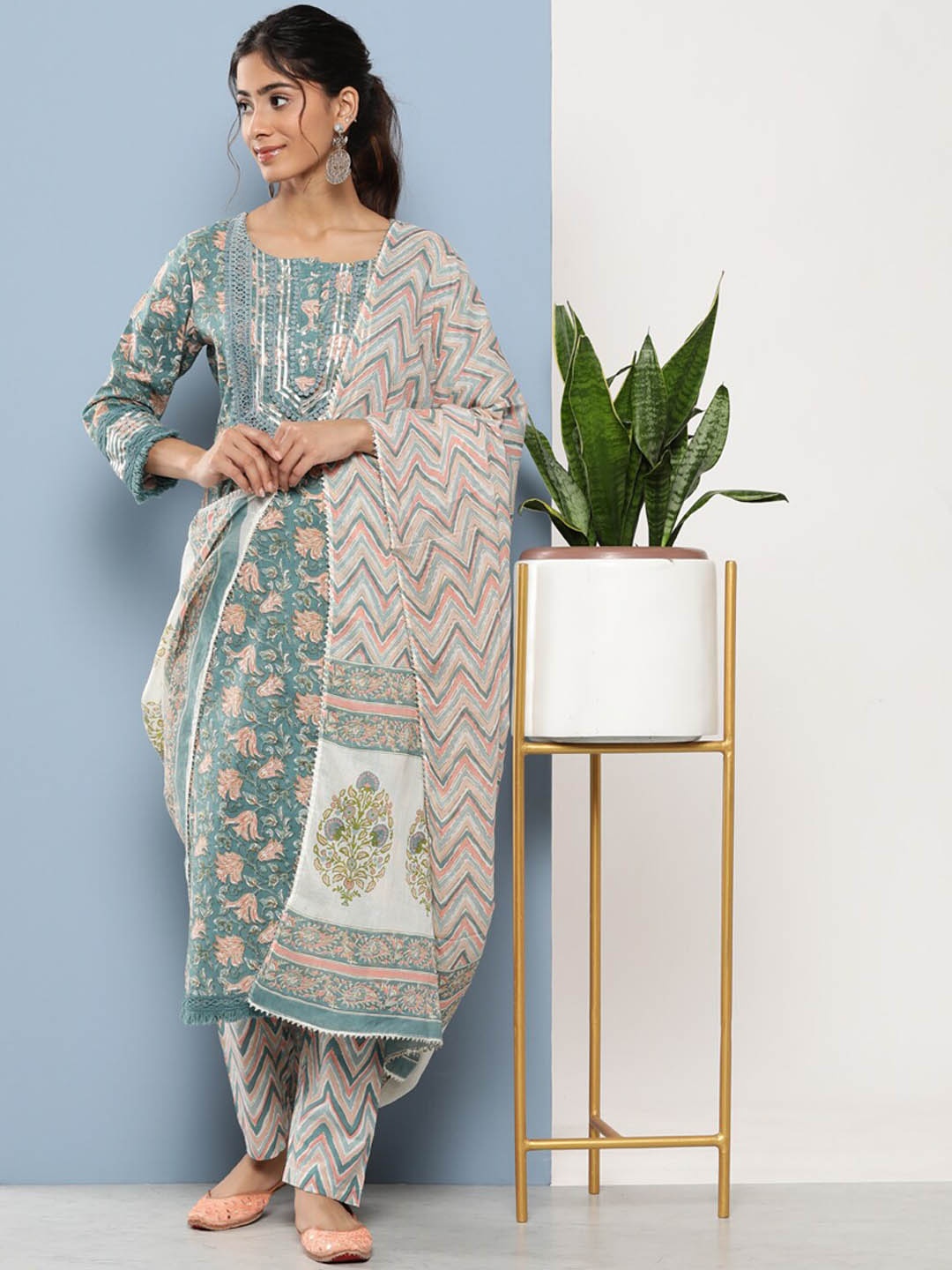 

KALINI Floral Printed Regular Gotta Patti Pure Cotton Kurta With Trousers & Dupatta, Teal