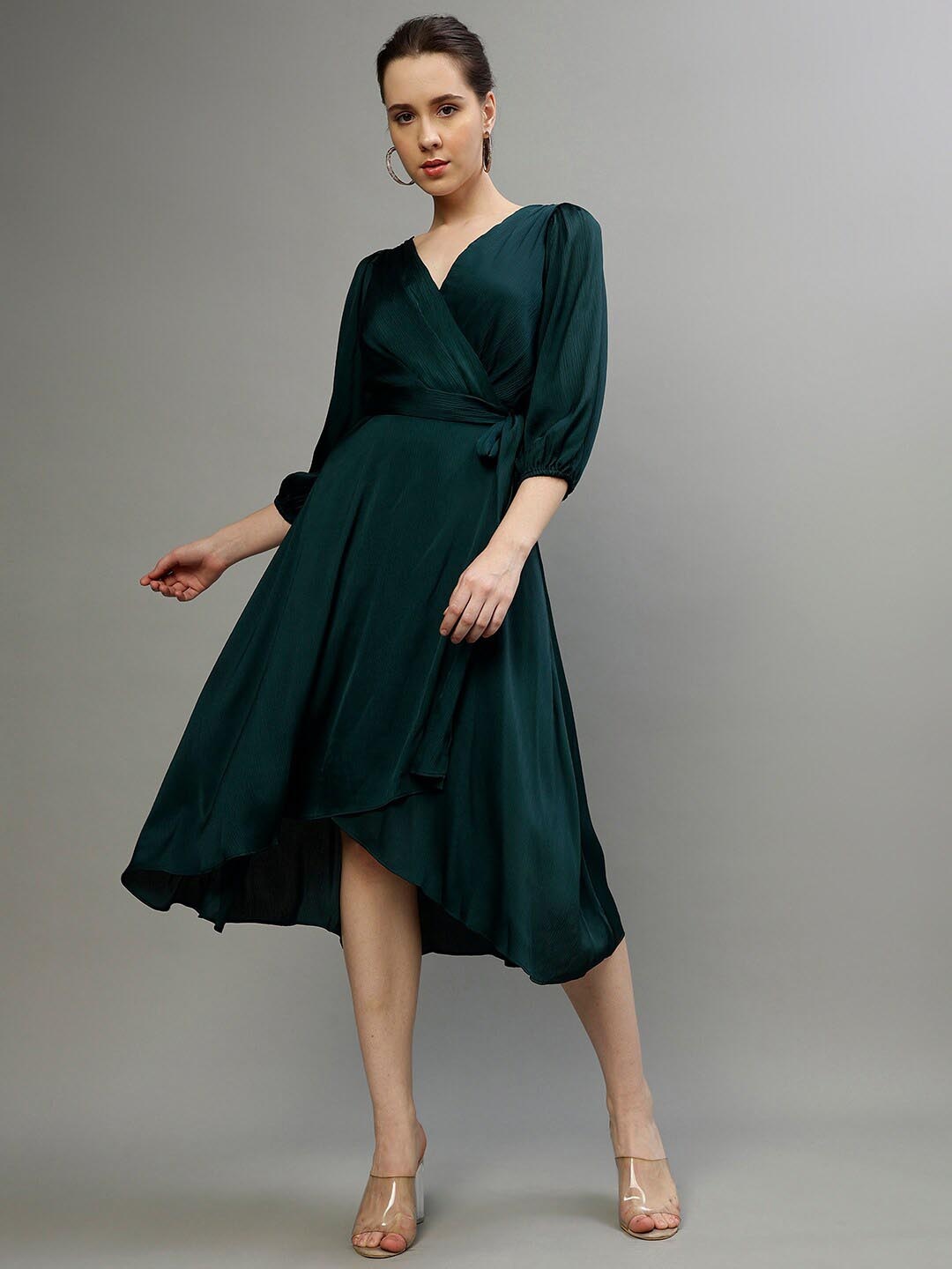 

DKNY Puff Sleeves V-neck Fit & Flare Dress, Green