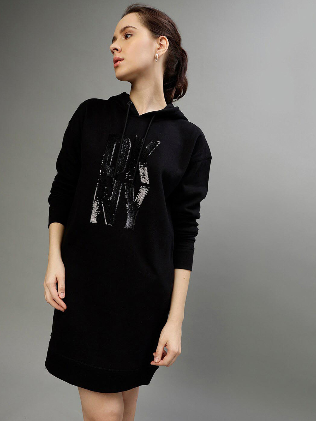

DKNY Printed Hooded Neck Full Sleeves Jumper Dress, Black