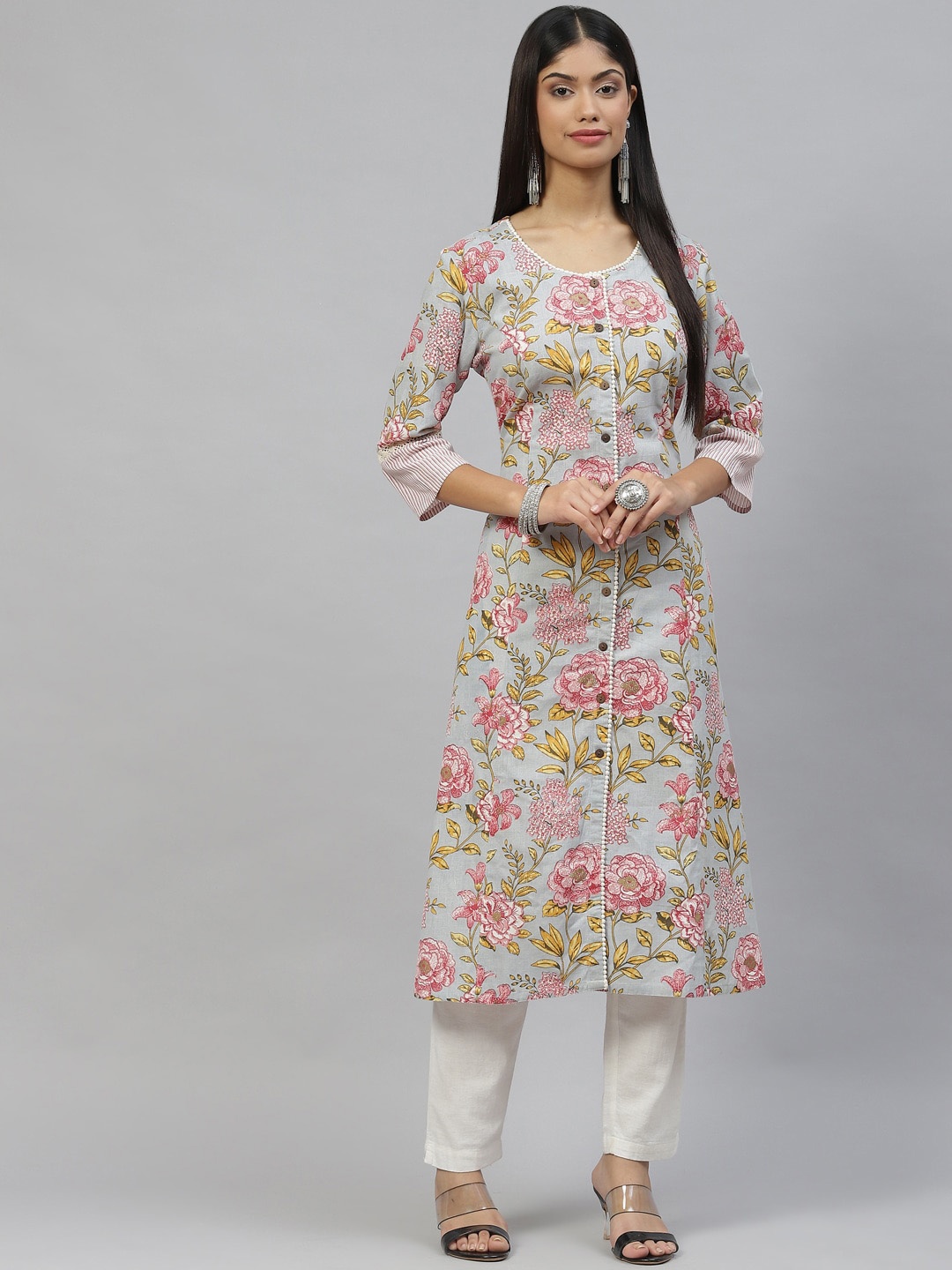 

KALINI Floral Printed Cotton Straight Kurta, Blue