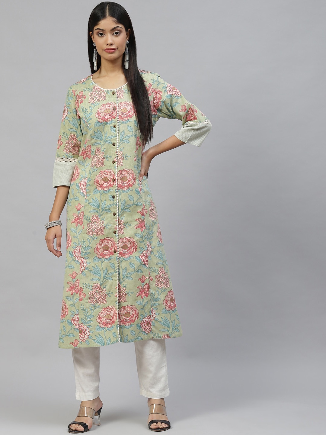 

KALINI Floral Printed Cotton A-Line Kurta, Olive