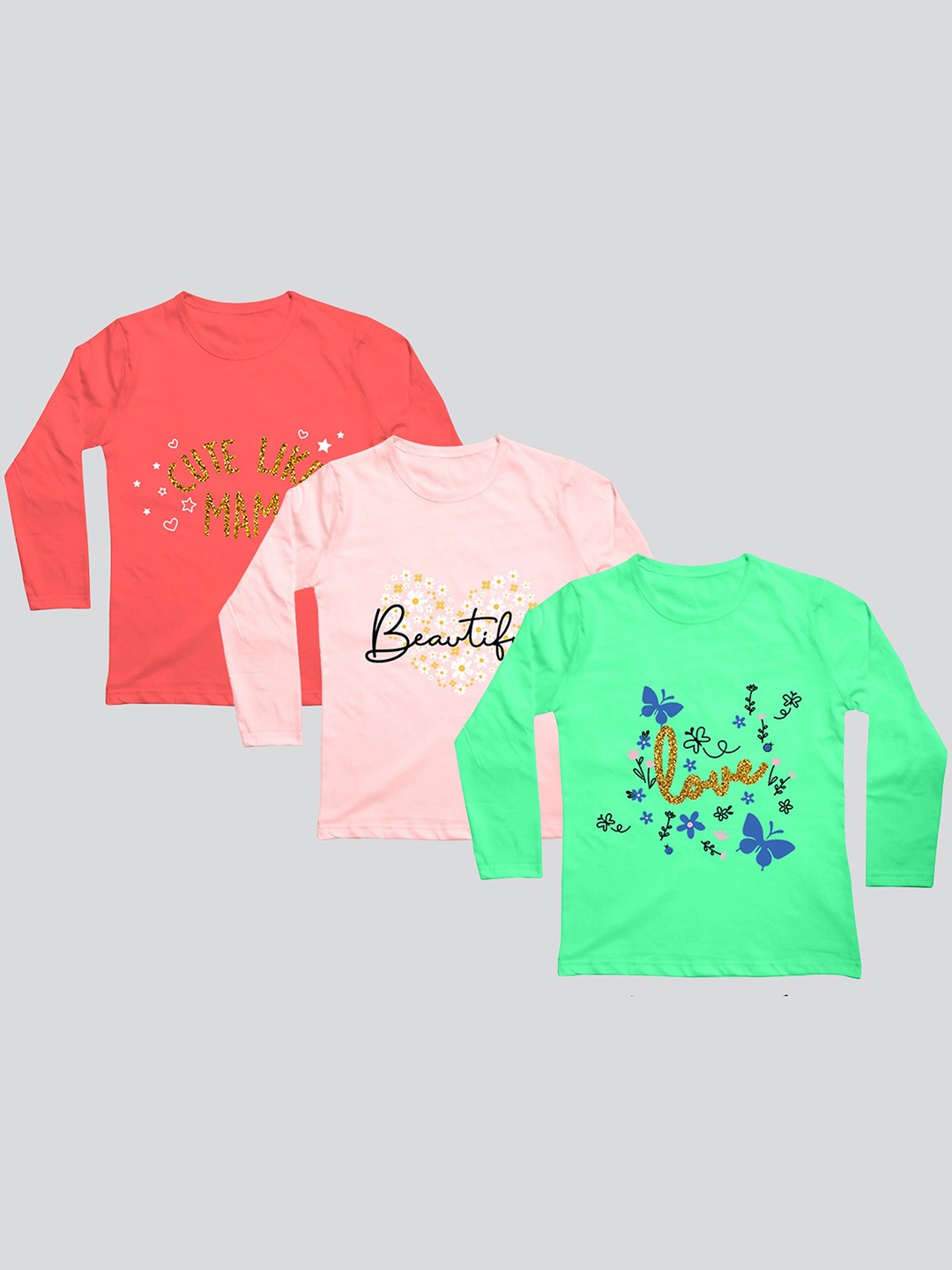 

Mojua Girls Pack Of 3 Typography Printed Bio Finish Cotton T-shirts, Green