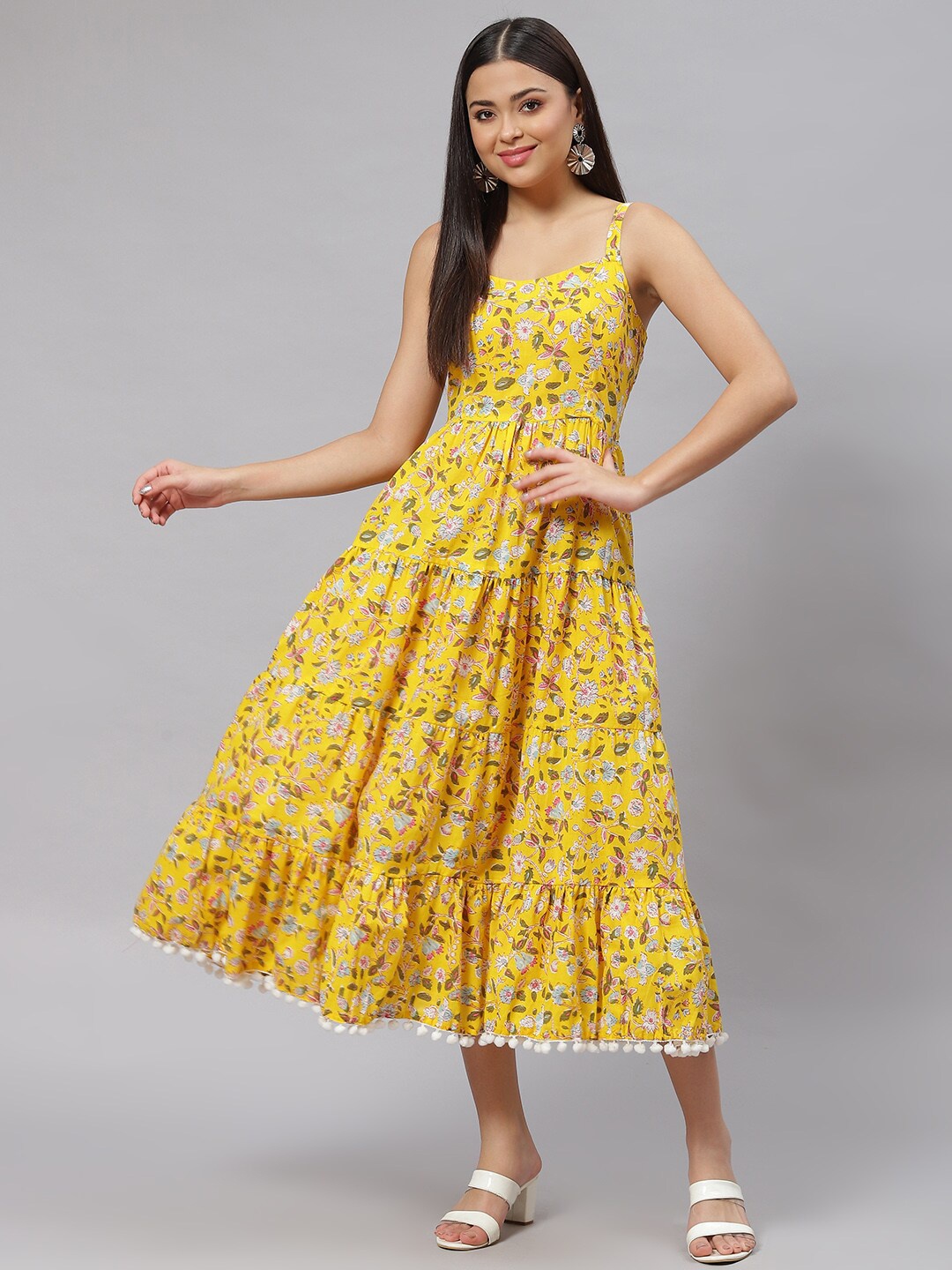 

KALINI Floral Printed Shoulder Straps Sleeveless Gathered Tiered Fit & Flare Midi Dress, Yellow