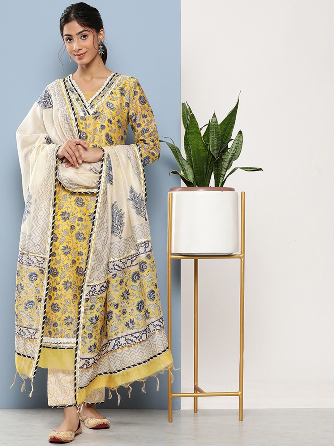 

KALINI Floral Printed Regular Gotta Patti Kurta With Trousers & Dupatta, Mustard