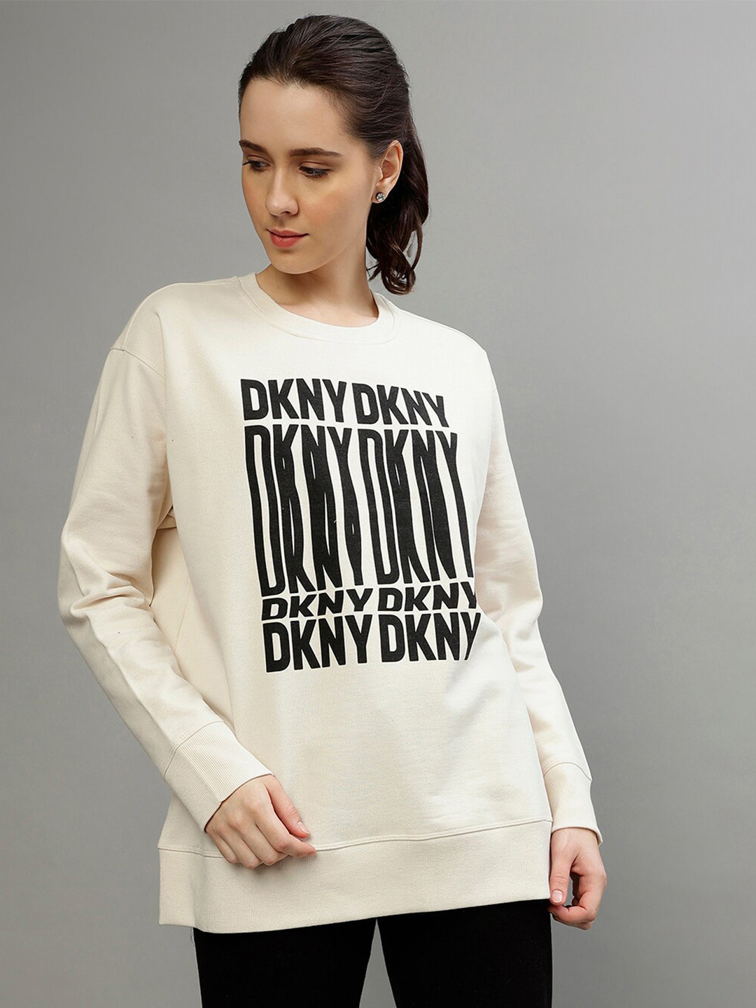 

DKNY Typography Printed Round Neck Long Sleeves Pullover Sweatshirt, Beige