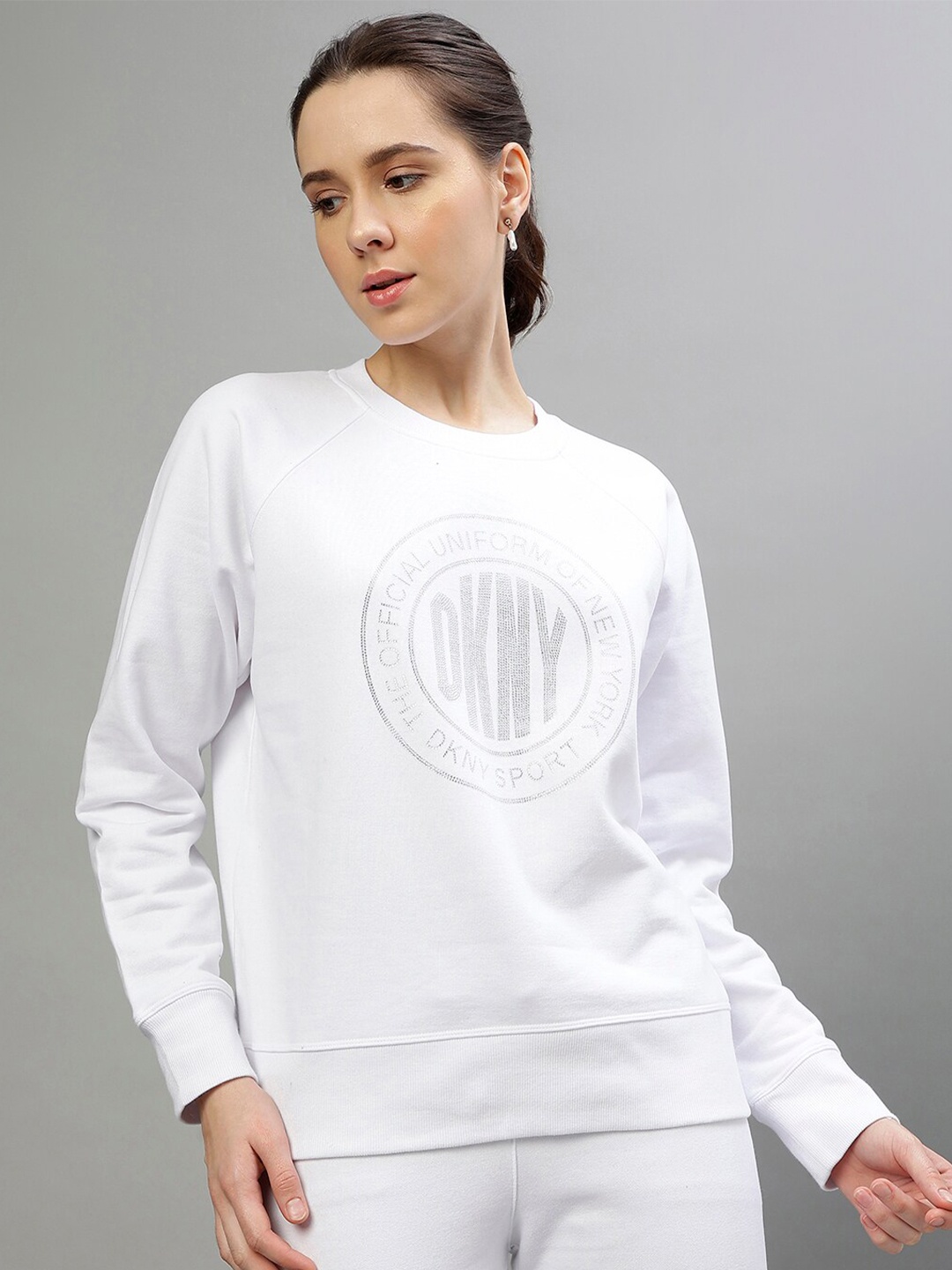 

DKNY Typography Printed Hood Long Sleeves Pullover Sweatshirt, White