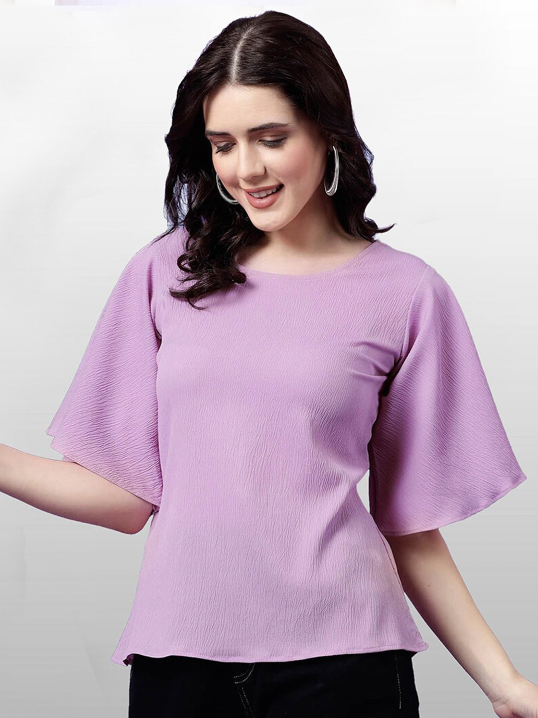 

Selvia Flared Sleeves Round Neck Top, Peach