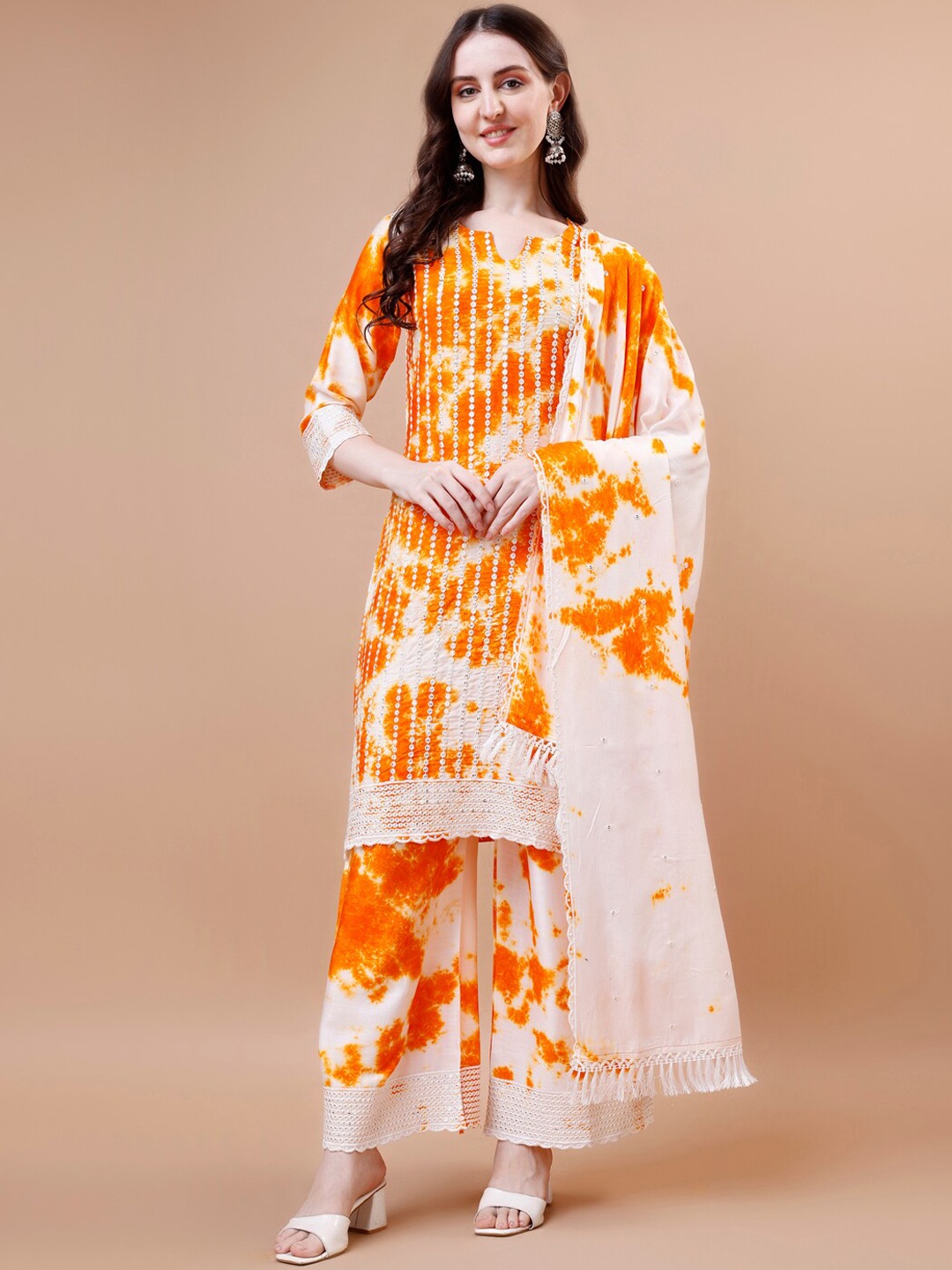

KALINI Dyed Embroidered Sequinned Straight Kurta With Trousers & Dupatta, White