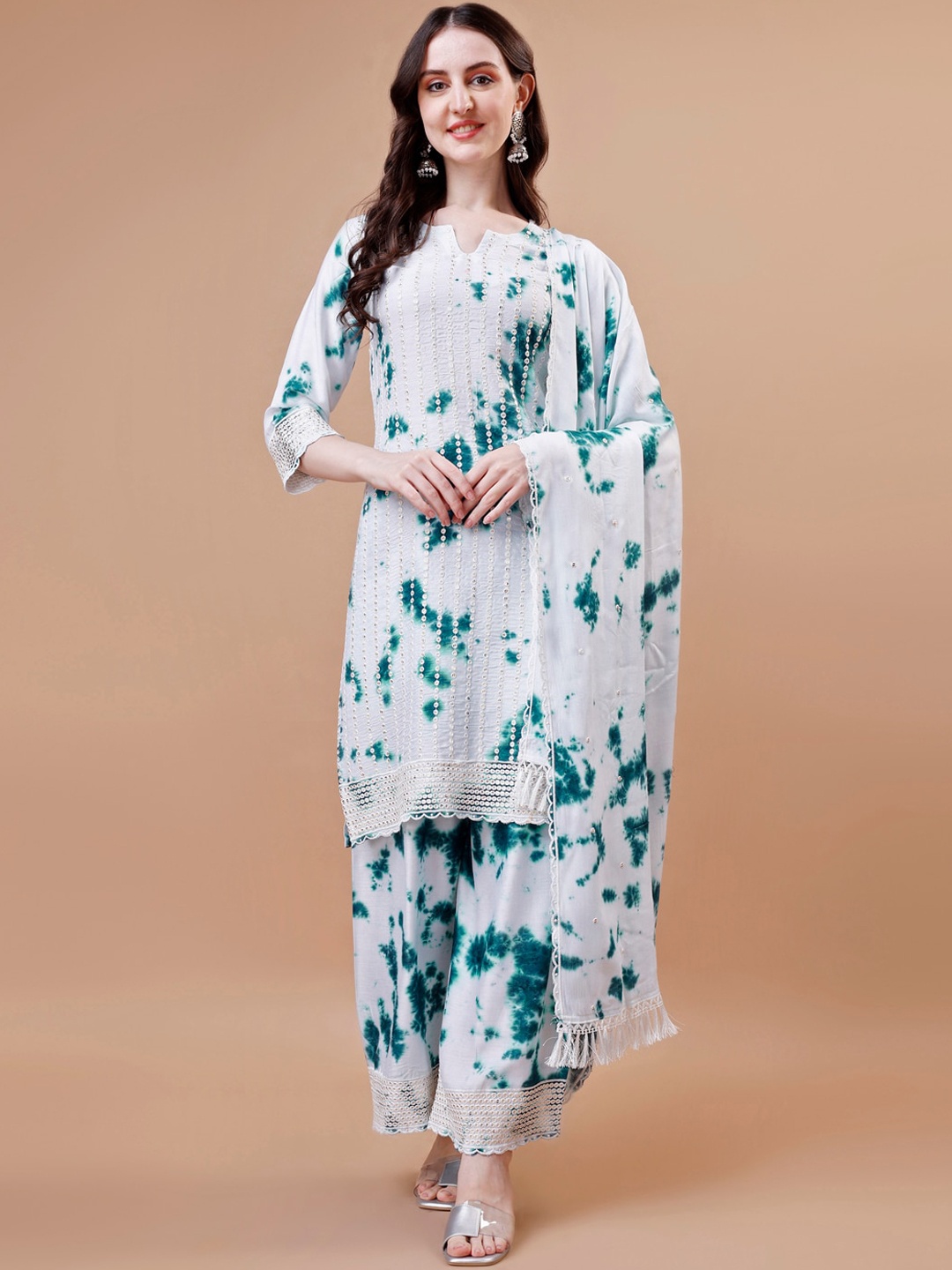 

KALINI Ethnic Motifs Embroidered Thread Work Straight Kurta & Trousers With Dupatta, White