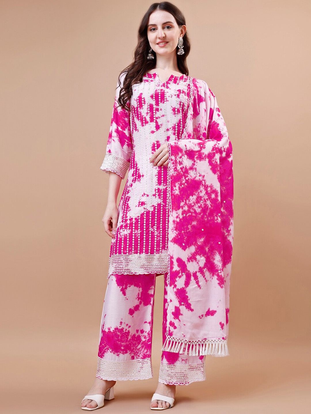 

KALINI Dyed Embroidered Sequinned Straight Kurta With Trousers & Dupatta, White