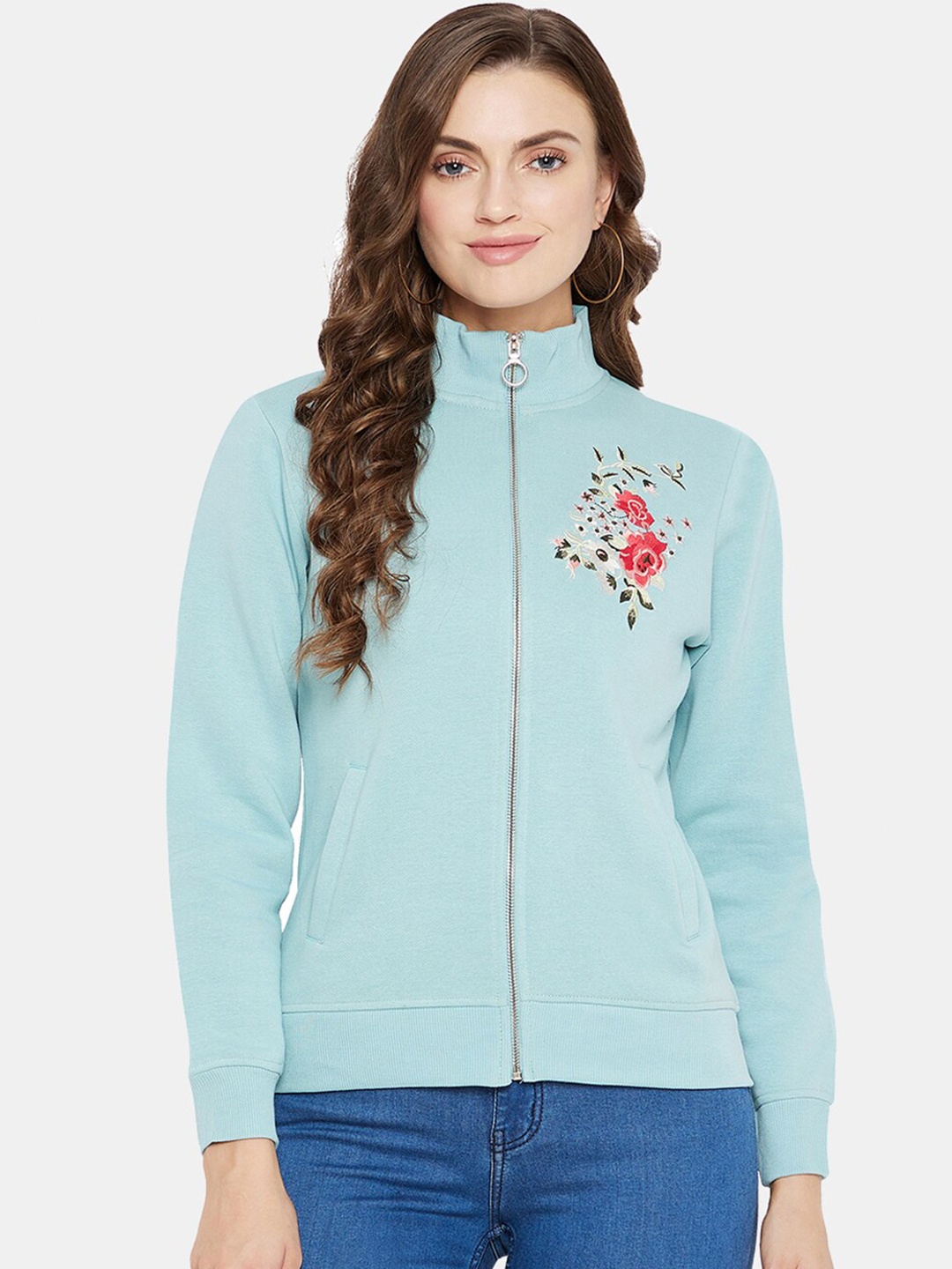 

CLAPTON Floral embroidered Mock Collar Cotton Front Open Sweatshirt, Blue