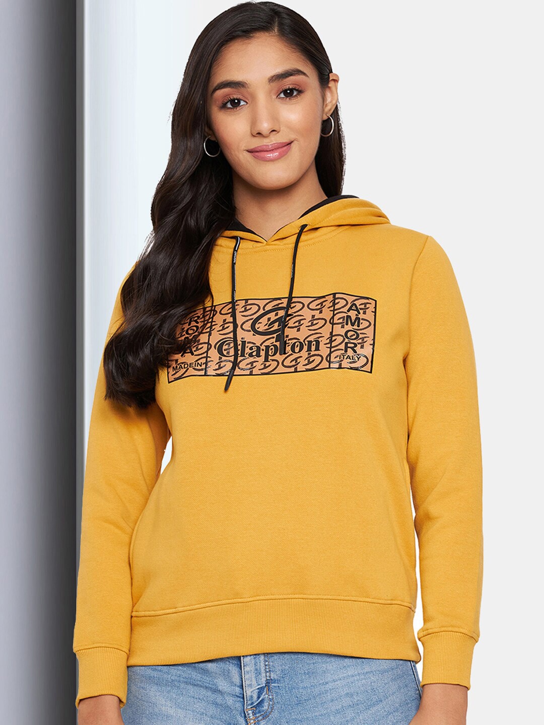 

CLAPTON Typography Printed Hooded Cotton Sweatshirt, Mustard