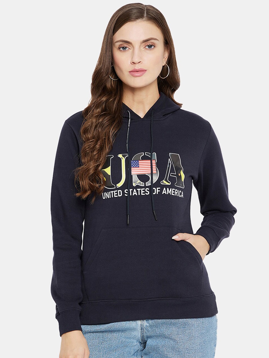 

CLAPTON Typography Printed Hooded Cotton Pullover, Navy blue